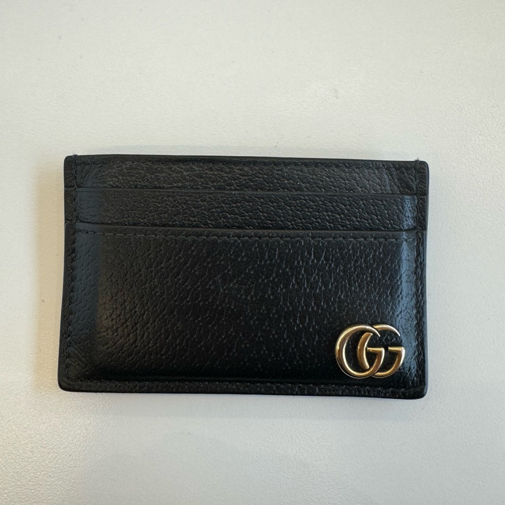 Gucci Black and Gold Leather Card Holder with GG Logo